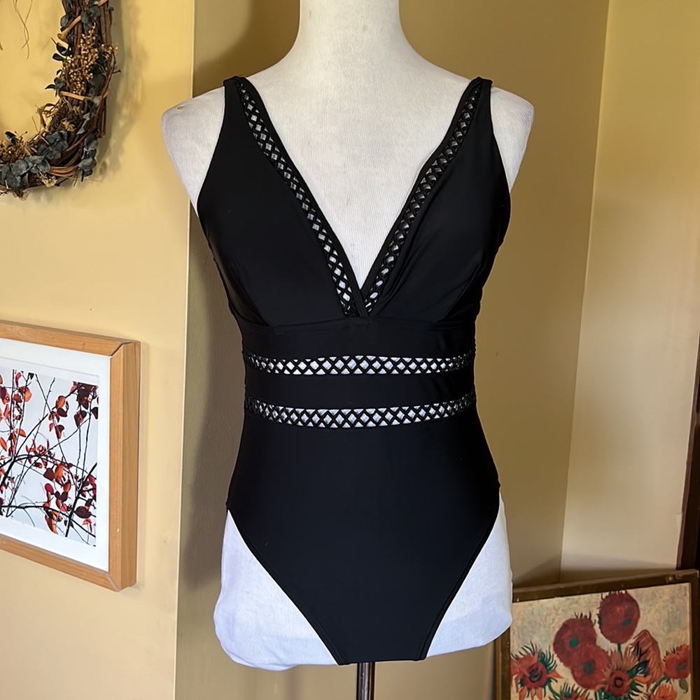 SWIMSUITS FOR ALL Size 10 Vneck Swimsuit Embroidered "Peek-A-Boo" Trim $98 NEW